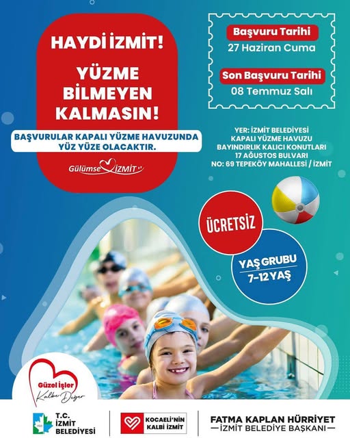 İzmit Belediyesi'nden 7-12 Yaş Çocuklara Ücretsiz Yüzme Eğitimi