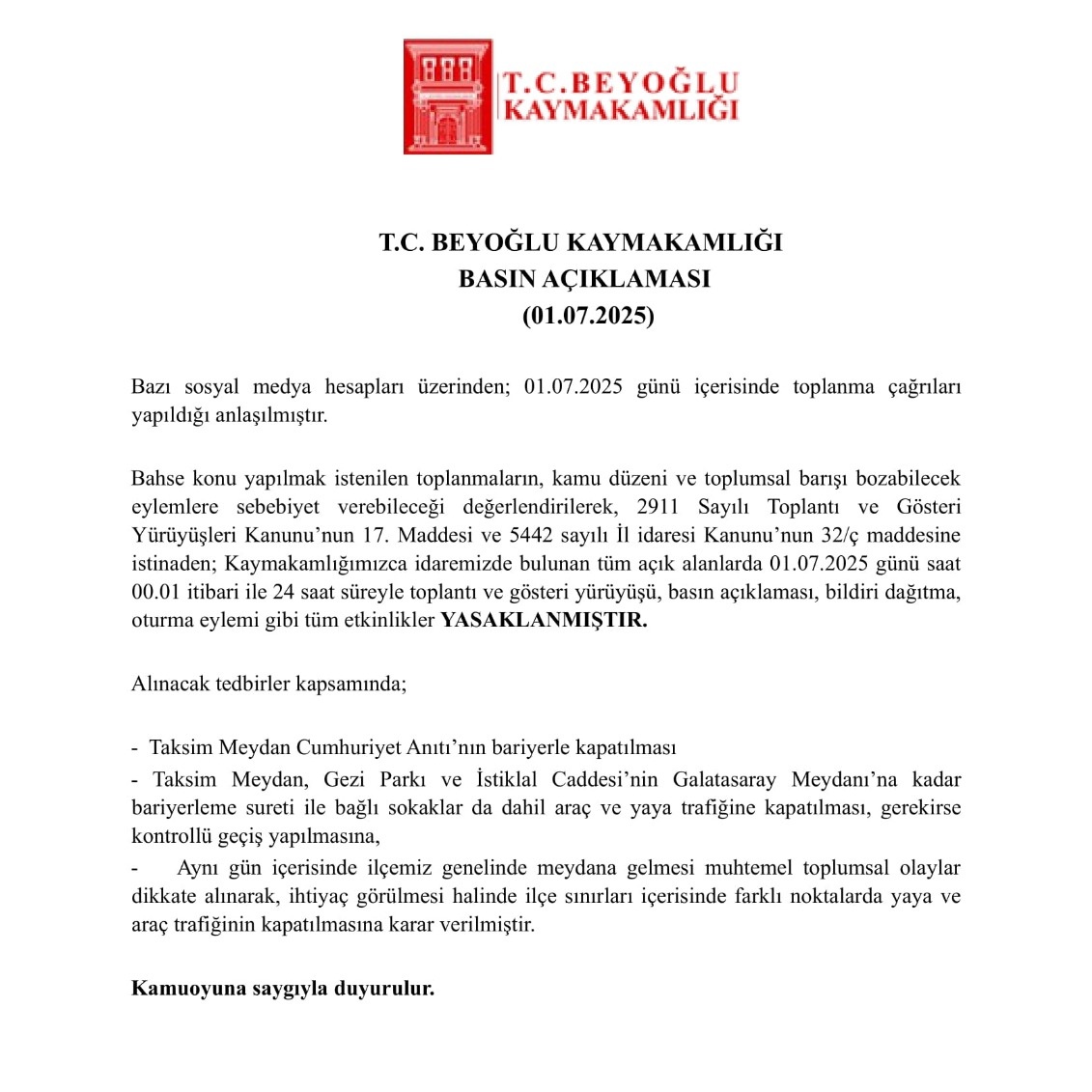 Beyoğlu'nda Toplantı ve Yürüyüş Yasağı Kararı