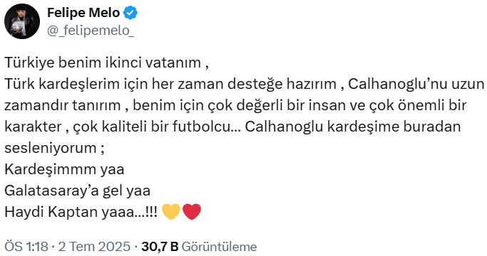 Felipe Melo'dan Hakan Çalhanoğlu'na Galatasaray Çağrısı
