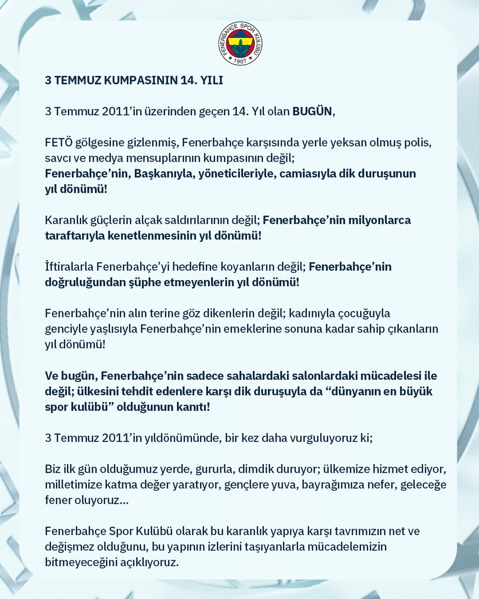 Fenerbahçe'den 3 Temmuz Açıklaması: 