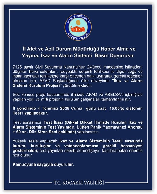 Kocaeli'de Afet ve Acil Durum İkaz Sistemi Duyurusu