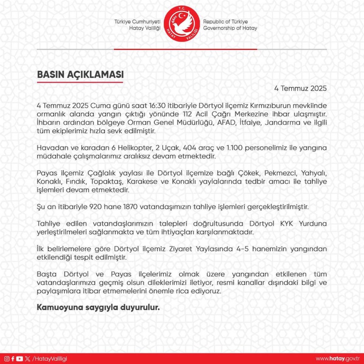 Hatay'da Yangın Sebebiyle 920 Hane Boşaltıldı, 1870 Vatandaş KYK Yurtlarına Yerleştirildi