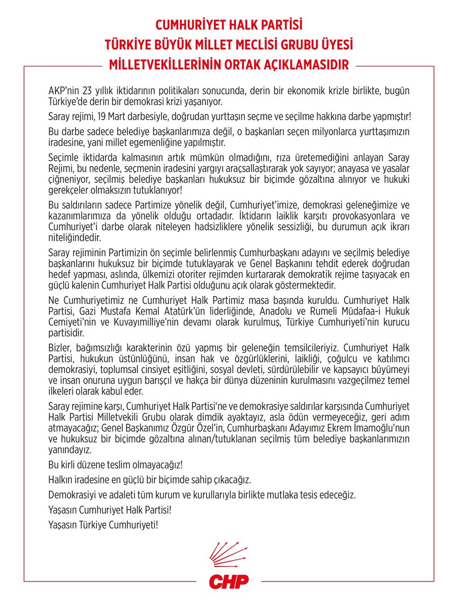 CHP TBMM Grubu'ndan Ortak Açıklama